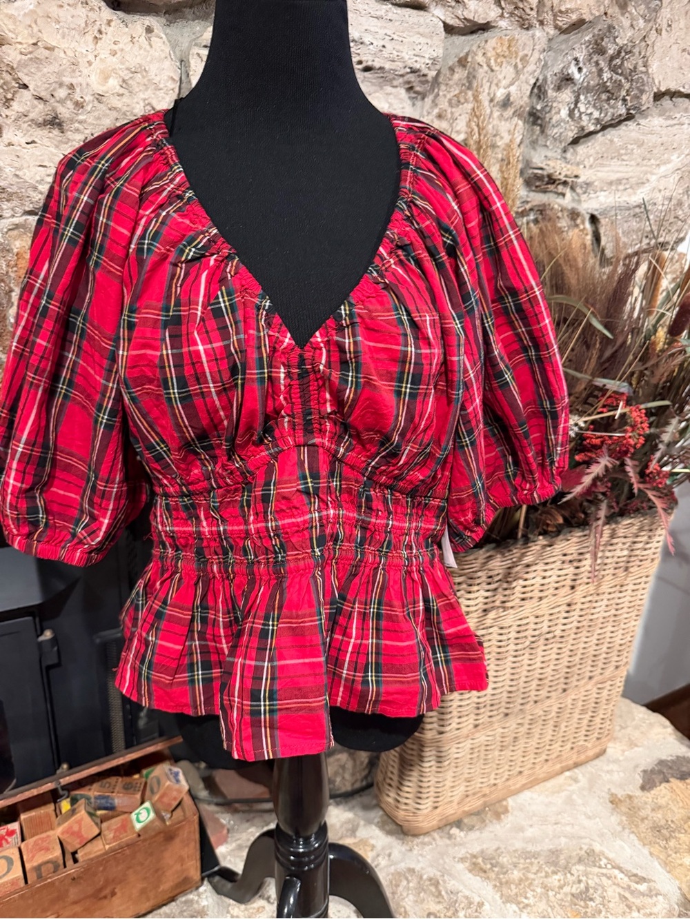 Old Navy Red Tartan Plaid Puff Sleeve Smocked Peplum Top Size L